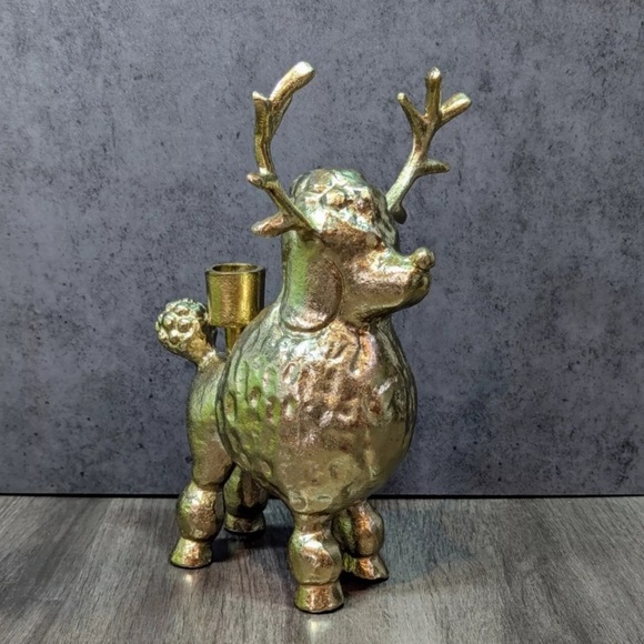 Gold Metal Poodle With Antlers Candle Stick Holder Opalhouse Poodle Dog Reindeer - Picture 5 of 5